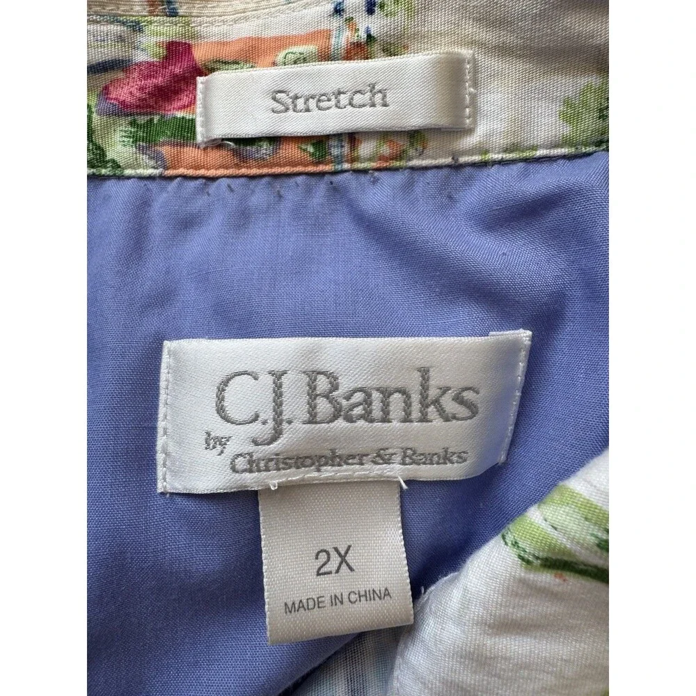 VTG CJ Banks Jacket Womens Size 2X Stretch Snap Button Artsy City White Print